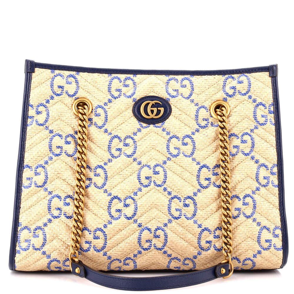 Gucci Medium GG Marmont Aria Chain Shopping Tote Jumbo GG Matelasse Raffia - Picture 1 of 5